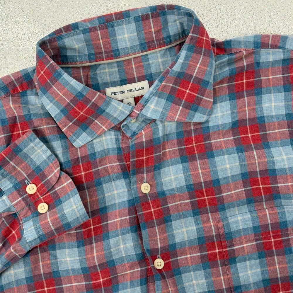 Peter Millar Button Down Shirt Men XL Blue Red Plaid Cotton Long Sleeve Preppy